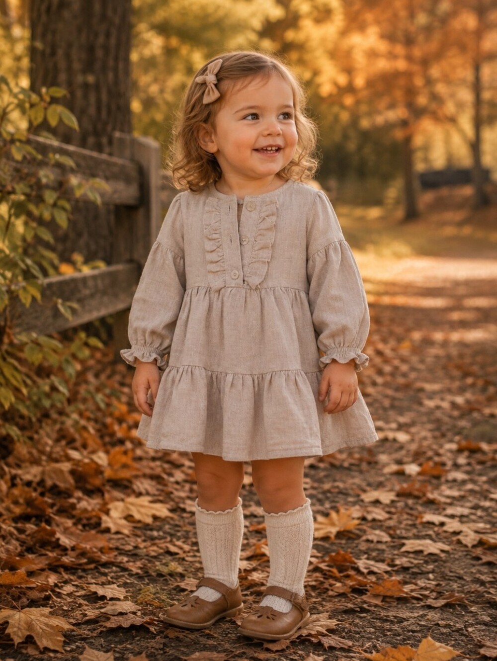 Beige Tiered Ruffle Dress with Elastic Cuffs | 2Y